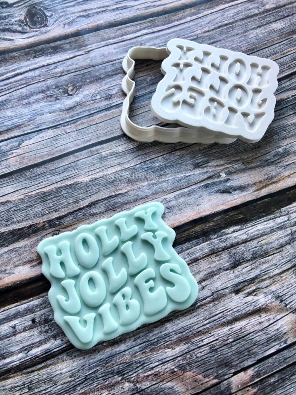 holly jolly vibes 2 Holly Jolly Vibes Cookie Cutter and Fondant Stamp Embosser, Merry Christmas, Groovy Christmas