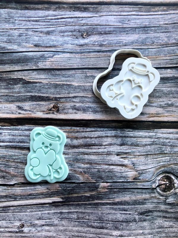 patrick bear Teddy Bear Cookie Cutter and Fondant Stamp Embosser, St. Patrick's Day, Good Luck, Four Leaf Clover