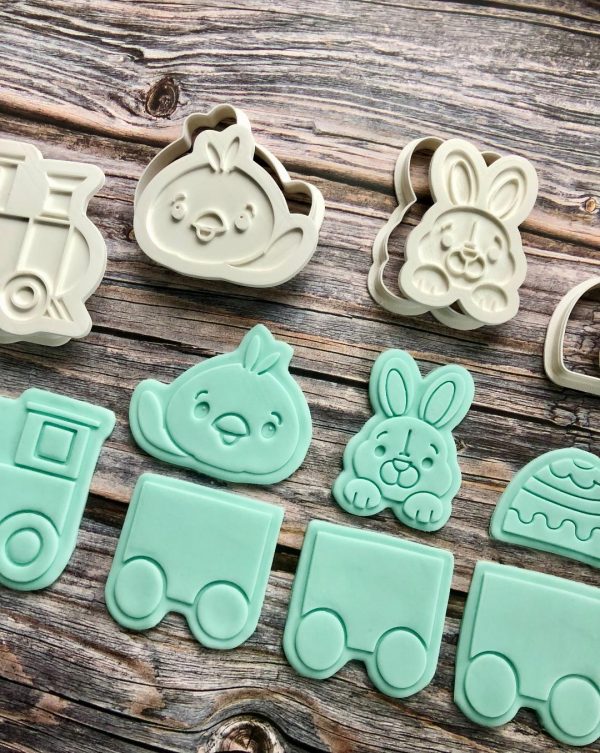 Easter Train Set Cookie Cutters and Fondant Stamp Embossers, Easter, Bunny, Chick, Egg, Train, Carriage