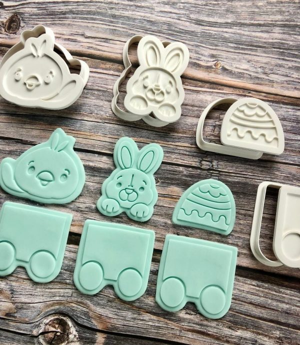 Easter Train Set Cookie Cutters and Fondant Stamp Embossers, Easter, Bunny, Chick, Egg, Train, Carriage
