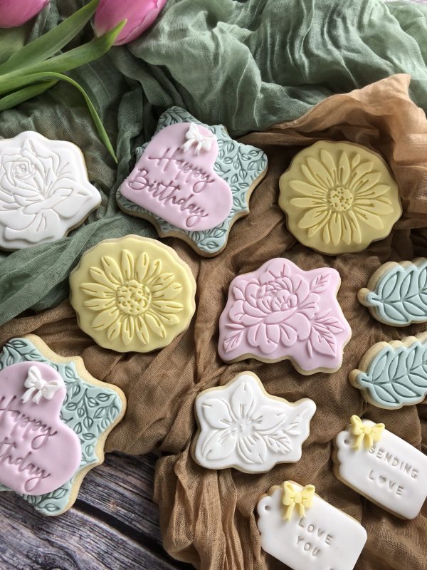 Set Of 5 Flower Cookie Cutters and Fondant Stamp Embossers, Birthday, Get Well Soon, Mother’s Day, Peonies, Sunflowers