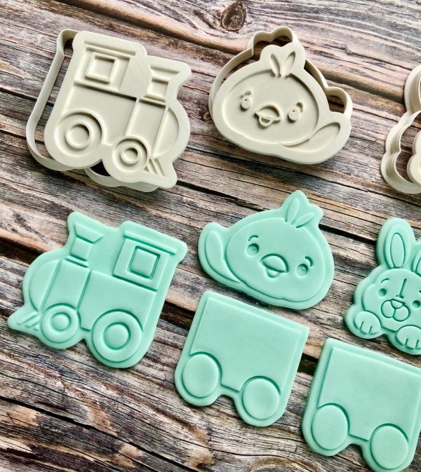 Easter Train Set Cookie Cutters and Fondant Stamp Embossers, Easter, Bunny, Chick, Egg, Train, Carriage