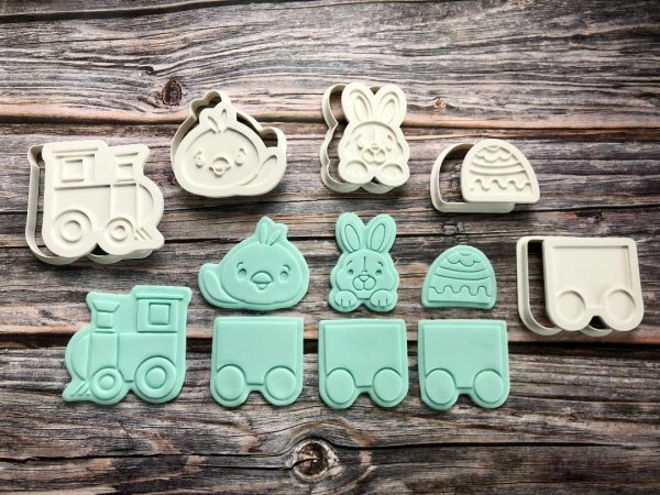 Easter Train Set Cookie Cutters and Fondant Stamp Embossers, Easter, Bunny, Chick, Egg, Train, Carriage