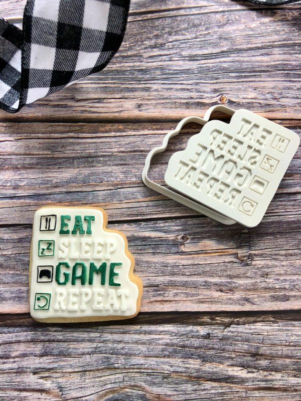 Eat, Sleep, Game, Repeat Cookie Cutter and Fondant Stamp Embosser, X Box, PS5, Playstation, Gaming