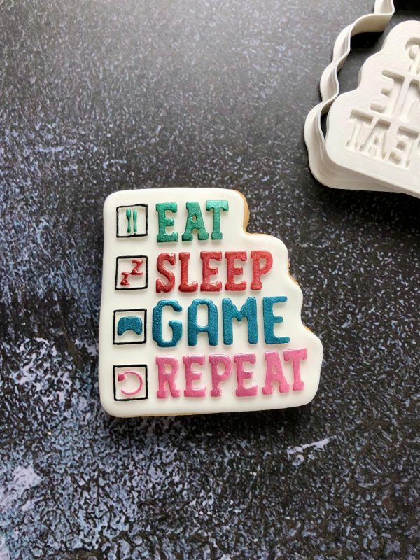 Eat, Sleep, Game, Repeat Cookie Cutter and Fondant Stamp Embosser, X Box, PS5, Playstation, Gaming