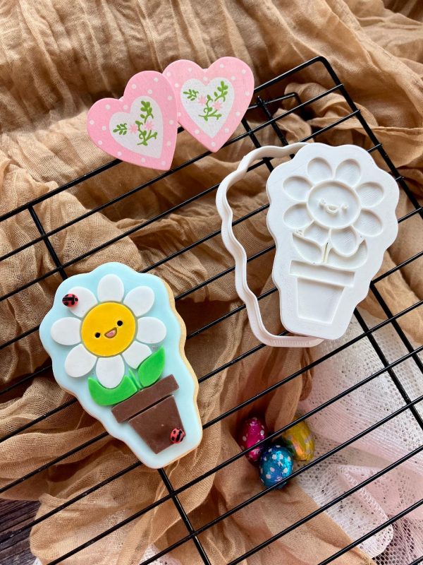 Flower Pot Cookie Cutter and Fondant Stamp Embosser, Plant, Hippie Flower, Happy Flower