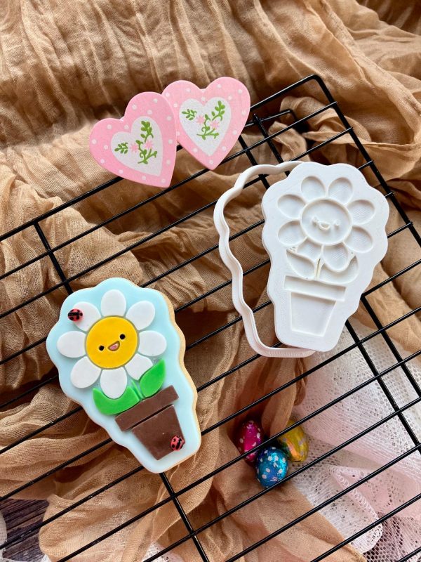 Flower Pot Cookie Cutter and Fondant Stamp Embosser, Plant, Hippie Flower, Happy Flower