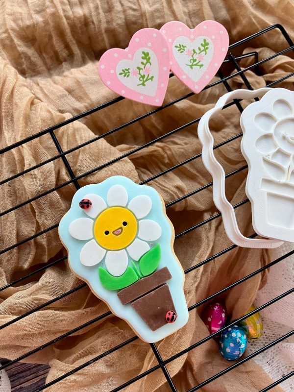 Flower Pot Cookie Cutter and Fondant Stamp Embosser, Plant, Hippie Flower, Happy Flower