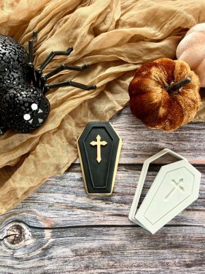 Closed coffin cookie cutter and fondant embosser with cross detail