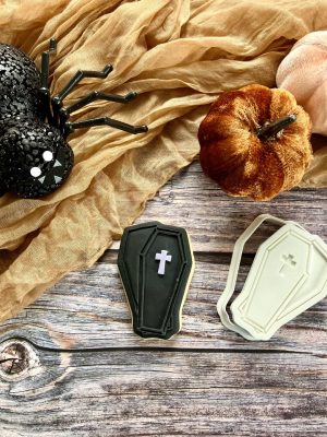 Open coffin cookie cutter and fondant embosser with cross detail