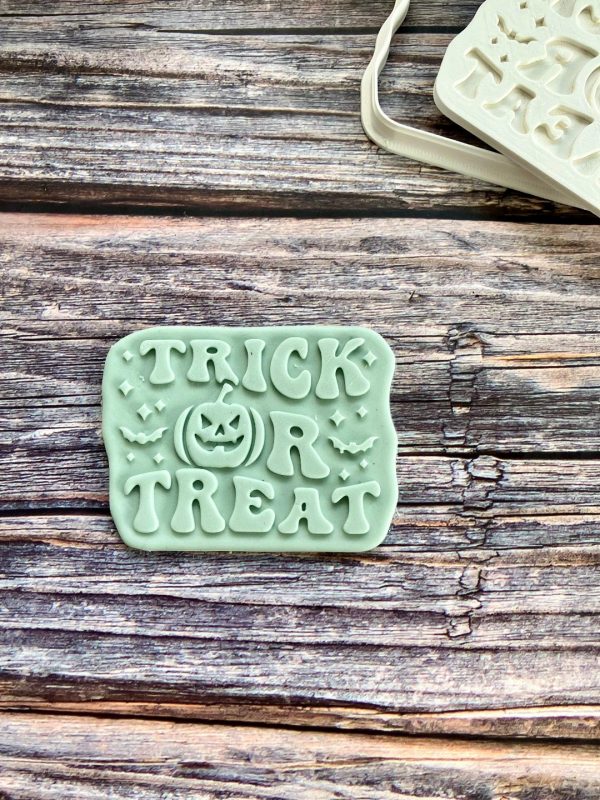 Trick or Treat Cookie Cutter and Fondant Stamp Embosser, Halloween Embosser