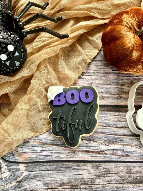 boo tiful 3 Bootiful Cookie Cutter & Fondant Stamp – Funny Halloween Baking Embosser (8cm)