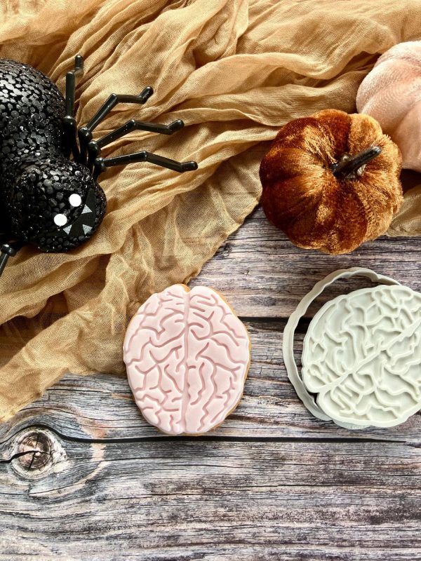 Human brain cookie cutter and fondant stamp with embossed folds, 3D-printed from biodegradable food-safe PLA