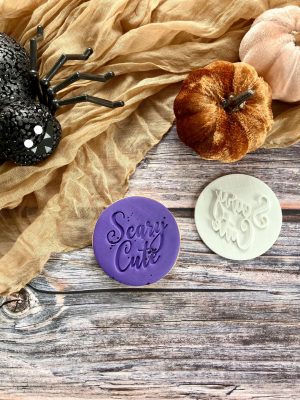 7cm round Scary Cute fondant embosser with fun Halloween text, 3D-printed from biodegradable food-safe PLA