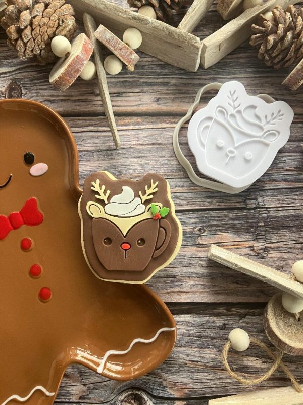 reindeer Mug 2 Reindeer Cup Cookie Cutter and Fondant Stamp Embosser, Christmas, Mug, Hot Chocolate