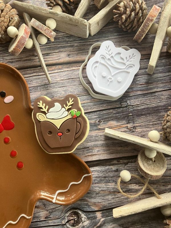 reindeer Mug 3 Reindeer Cup Cookie Cutter and Fondant Stamp Embosser, Christmas, Mug, Hot Chocolate
