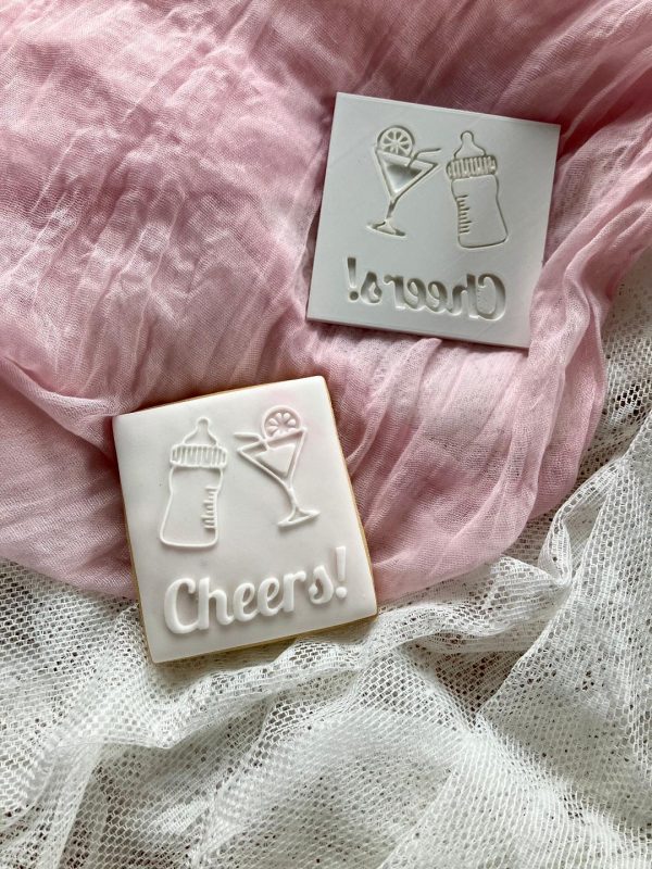Cheers 3 Cheers Fondant Stamp Embosser, New Baby, Baby Bottle, Cocktail Glass, Babyshower
