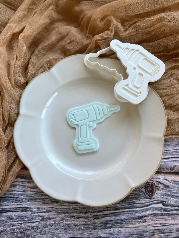 drill 1 Drill Cookie Cutter and Fondant Embosser, Father's Day, Tool, Trade, Work, Builder, Trades Person