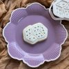 Dice Cookie Cutter and Fondant Stamp Embosser Dice cookie cutter and fondant stamp set displayed on a purple plate, 3D-printed from biodegradable food-safe PLA