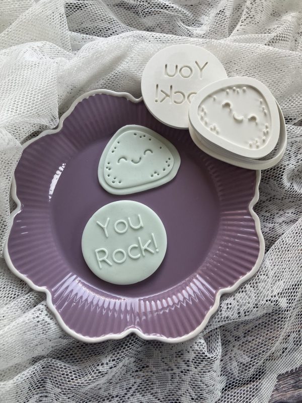 Rock Cookie Cutter and Fondant Stamp Embosser, You Rock, Smiley Stone