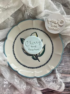 Cherry best teacher cookie stamp and fondant cutter set featuring circular cherry design with the words 'Best Teacher', 3D-printed from biodegradable food-safe PLA