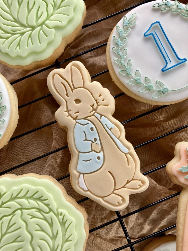 IMG_8568 Rabbit cookie cutter and fondant stamp set featuring Peter Rabbit design 3D-printed from biodegradable food-safe PLA