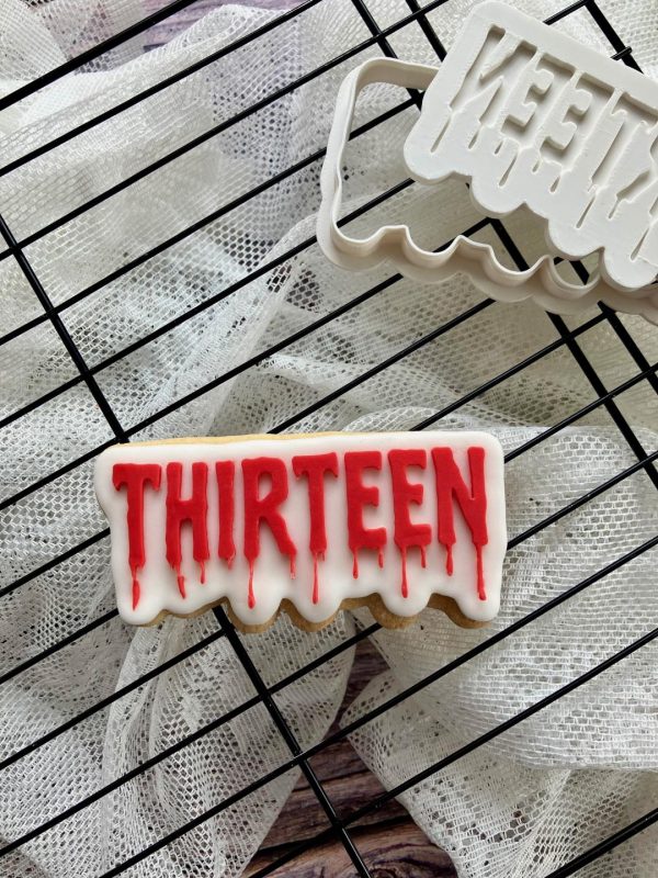 1 “Thirteen” Cookie Cutter & Fondant Embosser – Blood Drip Font Halloween Design (8cm)