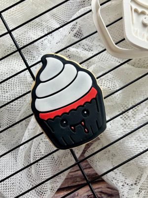 8cm cupcake cookie cutter and fondant embosser with vampire face and blood dripping from mouth