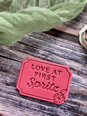 8cm cookie cutter and fondant embosser with ‘Love at First Spritz’ text