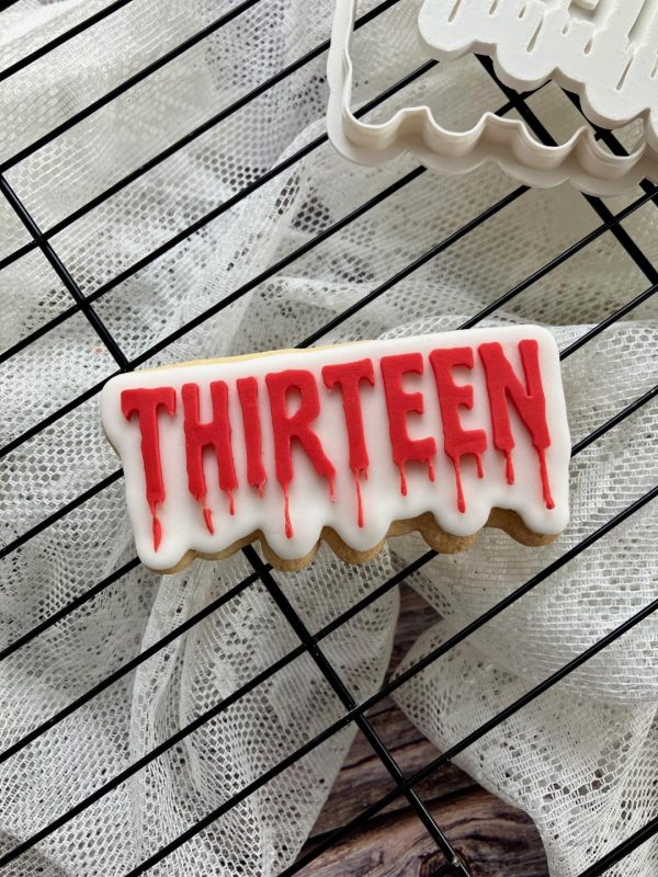 3 “Thirteen” Cookie Cutter & Fondant Embosser – Blood Drip Font Halloween Design (8cm)