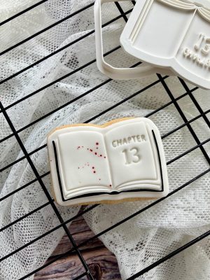8cm open book cookie cutter and fondant embosser with ‘Chapter 13’ text
