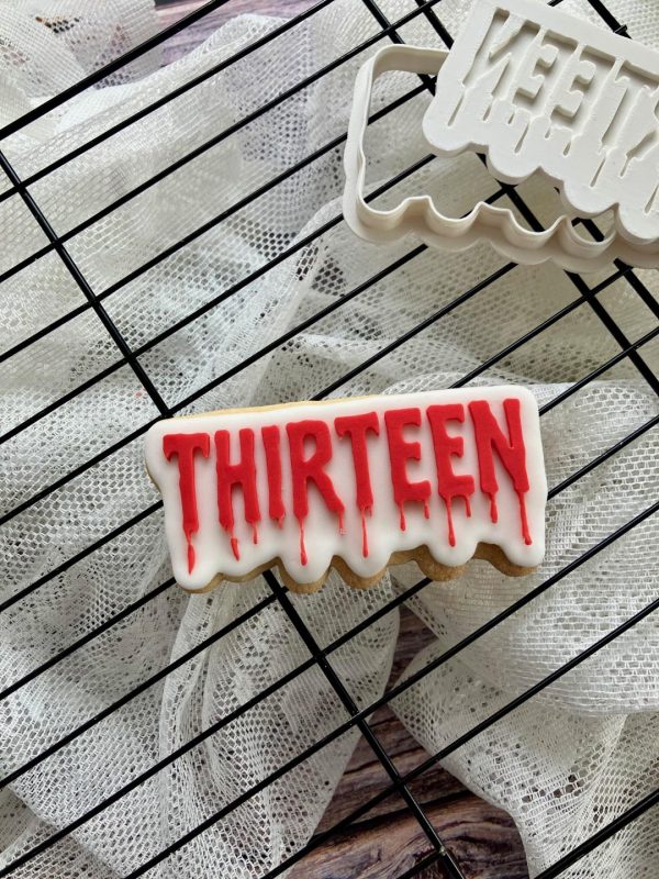 4 “Thirteen” Cookie Cutter & Fondant Embosser – Blood Drip Font Halloween Design (8cm)