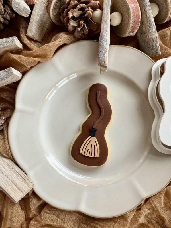 5 Broom Cookie Cutter & Fondant Embosser β Witchy Halloween Design (10cm)