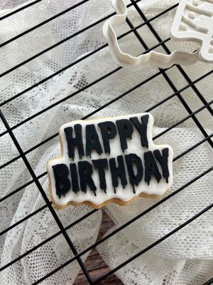 8cm Happy Birthday cookie cutter and fondant embosser in gothic blood-dripping font