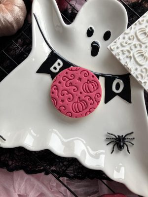 7cm square fondant embosser with pumpkin, stars and swirls pattern