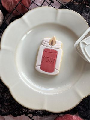 8cm cosy candle in a jar cookie cutter and fondant embosser with wax and flame details